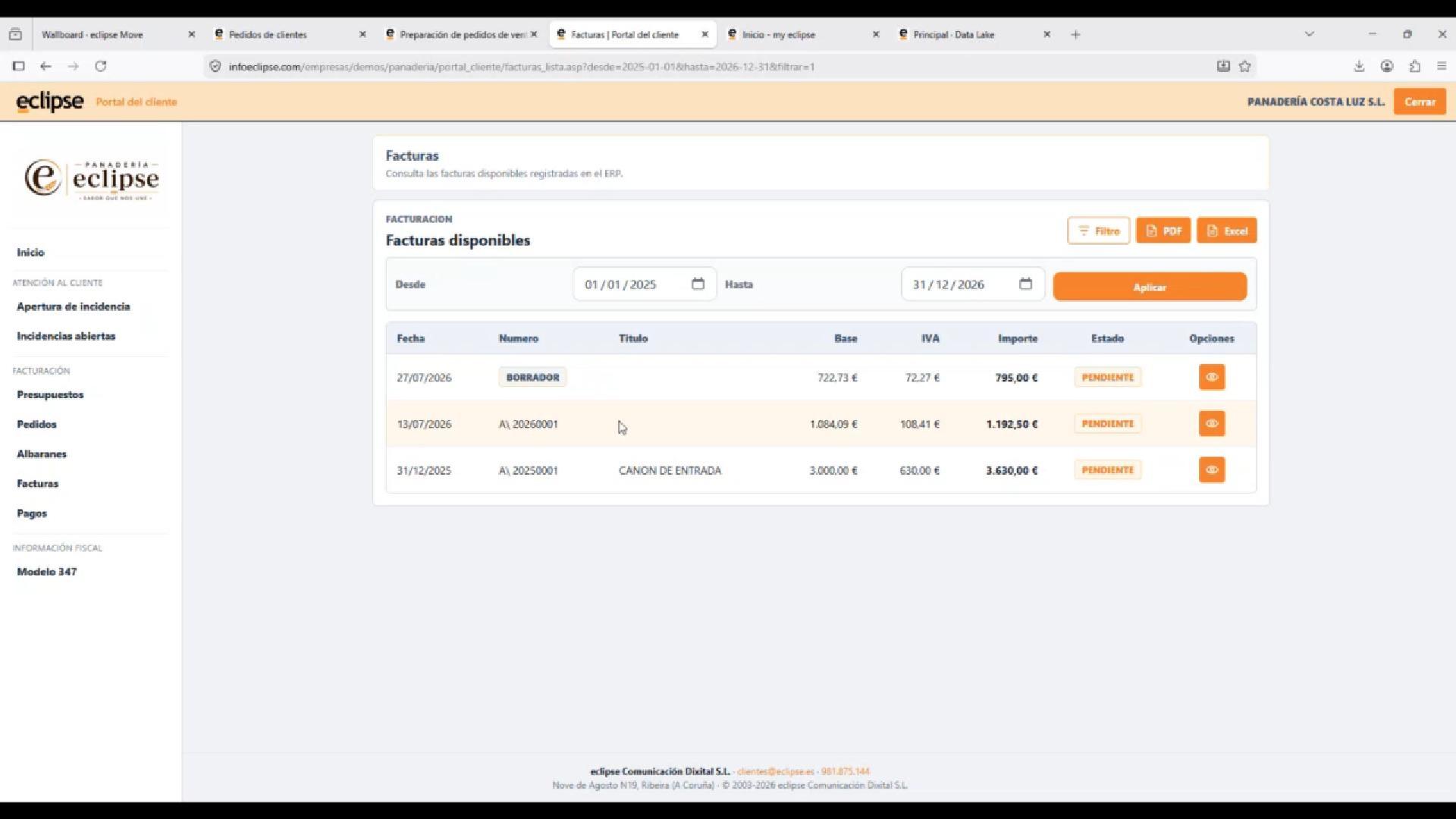 Demo del portal del cliente para panaderías